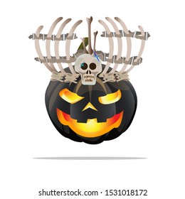 black pumpkin on Halloween in a crown of bones. Character for party decoration. Vector illustration.