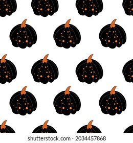 Black pumpkin with orange dot hand drawn seamless pattern in doodle style on white background for Halloween fashion print, wallpaper, gift wrapping paper etc.