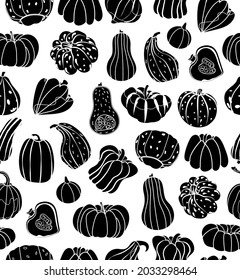 Black pumpkin seamless pattern. Hand drawn different types of pumpkin and squash collection vector illustration. Perfect for fall, Thanksgiving, Halloween, holidays, fabric, textile
