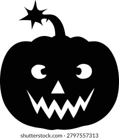 Black pumpkin silhouette featuring explosive fuse top and scary face. Perfect creative graphic icon for halloween themed digital art projects and festive holiday seasonal displays.