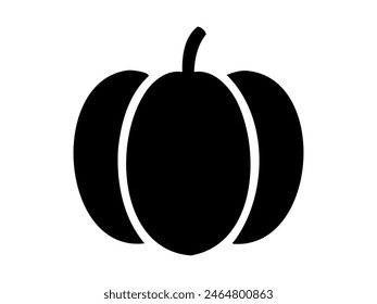 Black pumpkin silhouette illustration isolated on white backdrop. Icon, logo, sign, pictogram. Concept of minimalist Halloween decor, seasonal graphic design, farming, harvest