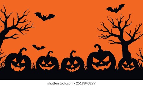 Siluetas de calabaza negras para un fondo de Anuncio de Halloween con Jack-o'-lanterns. Ideal para una decoración espeluznante y diseños con temática de Halloween, realzando atmósferas festivas.