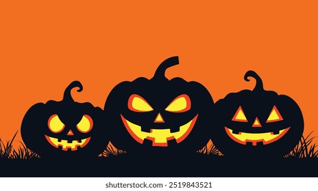 Siluetas de calabaza negras para un fondo de Anuncio de Halloween con Jack-o'-lanterns. Ideal para una decoración espeluznante y diseños con temática de Halloween, realzando atmósferas festivas.