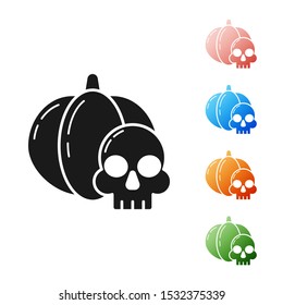 Black Pumpkin and skull icon isolated on white background. Happy Halloween party. Set icons colorful. Vector Illustration