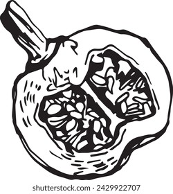 Black pumpkin in vintage style. Hand drawn black illustration.