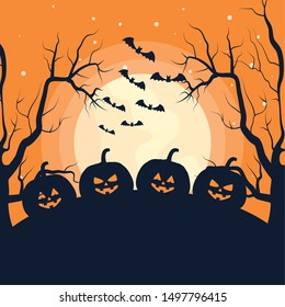 black pumpkins bats trees trick or treat - happy halloween party vector illustration