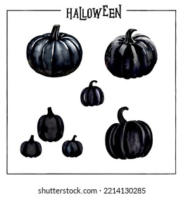 Black pumpkins of different shapes. Vector elements for design. Watercolor style