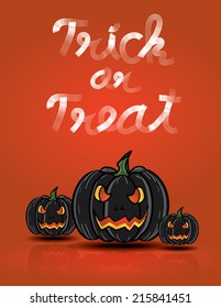 Black pumpkins floating on red background with trick or treat word,Halloween set