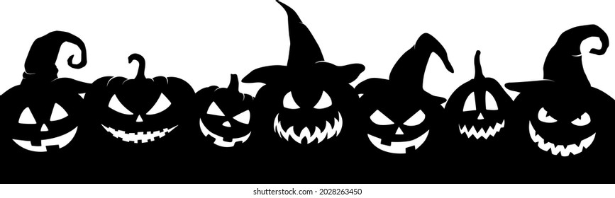 Black pumpkins in hats silhouette on white.