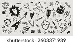 Black punk rock icons set isolated on white background. Vector realistic illustration of hand drawn guitar, heart on fire, arrow, smiling emoji, cat, skull, lightning bolt signs, grungy banner design