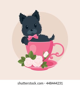 Black puppy/dog in a tea/coffee cup with roses. Vector cartoon illustration. Cute curious puppy/dog peeping from the cup