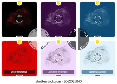 Black, purple, blue, red, light purple and light blue background, dots and text.