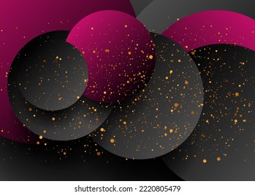 Black and purple circles with golden dots abstract background. Vector design