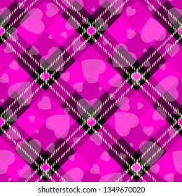 Black purple diagonal tartan plaid with heart check texture seamless pattern. Vector illustration.