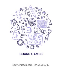 Black and purple doodles of board games. Puzzle, domino, chess, cards, and other. Fun hobby and recreation. Hand-drawn vector illustrations isolated on a white background.