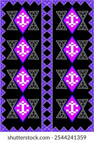 Preto e roxo, padrão étnico geométrico,
Tecido tribal ameríndio, azulejo, tapete, vetor,
desenho de ilustração, sobre fundo azul marinho
