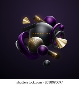 Black, purple and golden geometric shapes cluster. Abstract elegant composition. Vector 3d illustration. Flowing geometry primitives with golden shimmering glitters. Luxury banner or sign design