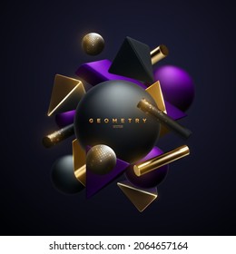 Black, purple and golden geometric shapes cluster. Abstract elegant composition. Vector 3d illustration. Flowing geometry primitives with golden shimmering glitters. Luxury banner or sign design