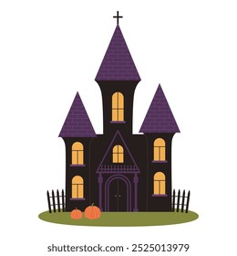 Black and purple Halloween castle with towers, cross, fence and pumpkins. Haunted old house. Mystical spooky fortress. Vector flat illustration isolated on white background