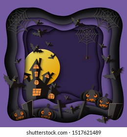 Black and purple Halloween paper cut poster with dark house silhouette on night sky with full moon and scary pumpkins and bats on other layers - vector illustration