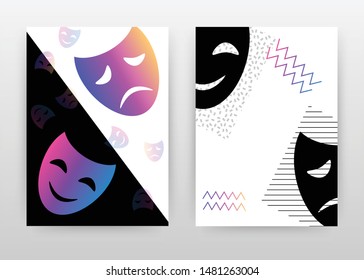 Black and purple masks texture design for annual report, brochure, flyer, poster. Smiling and sad Masks background vector illustration for flyer, leaflet, poster. Abstract A4 brochure template.
