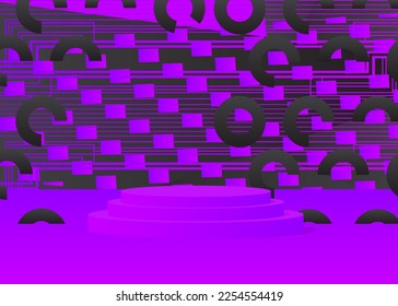 Black Purple Mockup product display. Abstract vector 3D room, cylinder pedestal podium. Stage showcase for presentation. Futuristic Sci-fi minimal geometric forms, empty scene.