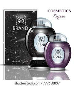 Black and purple perfume bottle set collection fragrances. Shiny transparent container. Vector Product packaging designs
