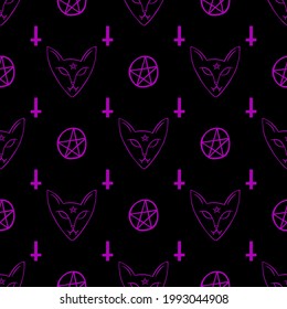 Black and purple seamless pattern with pentagram, sphinx cat and inverted cross.