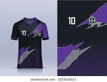 black purple t-shirt sport design template with abstract pattern for soccer jersey. Sport uniform in front view. Tshirt mock up for sport club. Vector Illustration