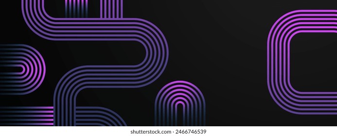 Black and purple violet vector abstract dynamic banner with neon glowing bright shape lines
