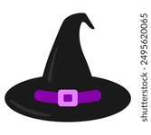 Black and purple witch hat editable icon for Halloween holiday graphic resources. Hag, warlock, wizard, sorcerer symbol. EPS editable vector.