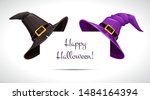 Black and purple witch hat on the paper corner. Halloween decor. Vector illustration.