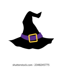 A black and purple witch hat on a white background with copy space