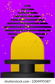 Black, purple and  yellow abstract mockup product display. Vector stage showcase. Cylinder pedestal podium for presentation. minimal geometric 3D room.