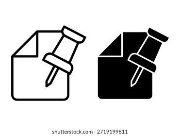 Iconos de archivo de pin push negro ideales para notas hojas fijadas recordatorios de tareas de organización documentos marcados y herramientas de oficina estructuradas.