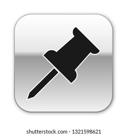 Black Push pin icon isolated on white background. Thumbtacks sign. Silver square button. Vector Illustration