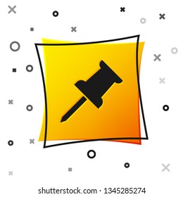 Black Push pin icon isolated on white background. Thumbtacks sign. Yellow square button. Vector Illustration