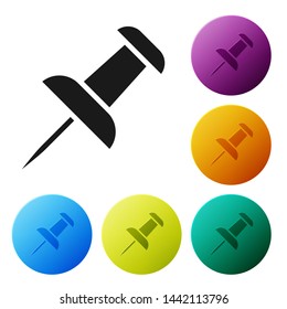 Black Push pin icon isolated on white background. Thumbtacks sign. Set icons colorful circle buttons. Vector Illustration