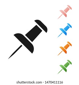 Black Push pin icon isolated on white background. Thumbtacks sign. Set icons colorful. Vector Illustration