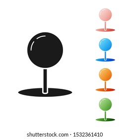 Black Push pin icon isolated on white background. Thumbtacks sign. Set icons colorful. Vector Illustration