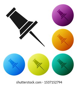 Black Push pin icon isolated on white background. Thumbtacks sign. Set icons colorful circle buttons. Vector Illustration