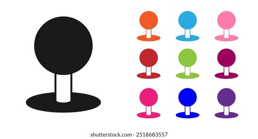 Ícone de pino preto isolado no fundo branco. Sinal de tachinhas digitais. Defina os ícones com cores. Vetor