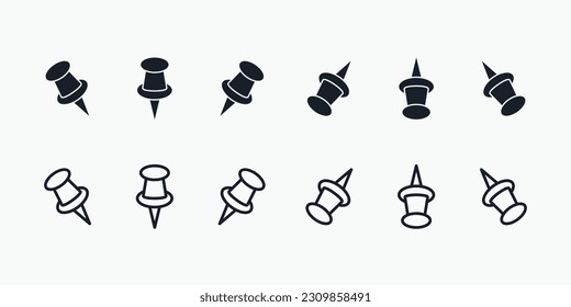 Black push pin icon set in different directions. Pin for fastening filled and linear vector icons. 