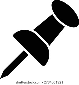 Black push pin vector icon on transparent background. Office supply for attaching notes or photos to surfaces. Simple graphic element.