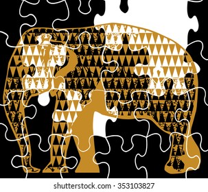 Black puzzle background with abstract elephant silhouette illustration together vector print pattern. for fashion and graphic design. t shirt print, kids fashion and special gift print offer. poster