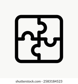 Black puzzle icon with four interlocking pieces. Simple puzzle design.  pieces fit together. Minimalist symbol. concept in black and white. Computer icon vector.