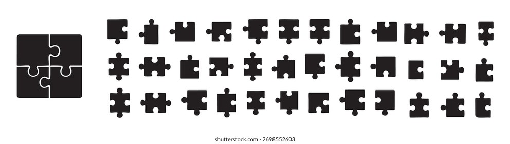 Preto peças de quebra-cabeça e arranjo conjunto, ilustração. conceito de resolução de problemas, teaser cerebral, quebra-cabeça, jogo, lógica, ícone, design isolado, criatividade, fundo branco.