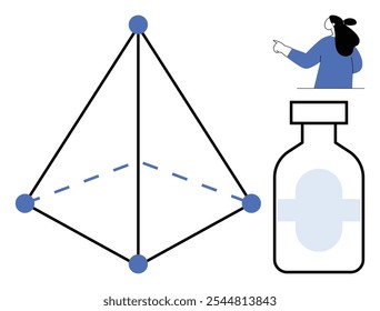 Pirâmide preta com nós azuis e linha base tracejada, mulher em azul apontando para o fundo branco e uma garrafa médica. Ideal para ciência, medicina, educação, geometria, saúde