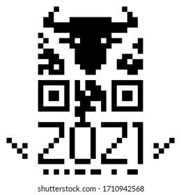 Black QR code with a bull symbol of 2021 on a white background.