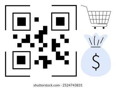 Código QR preto ao lado de um carrinho de compras e saco de dinheiro. Ideal para comércio eletrônico, compras on-line, pagamentos digitais, transações financeiras e varejo moderno. Design simples e limpo